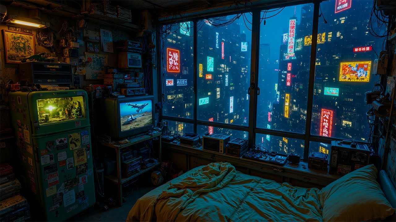 Cyberpunk Bedroom at Night | Cozy Neon City Rain Ambience for Sleep & Relax | 4K