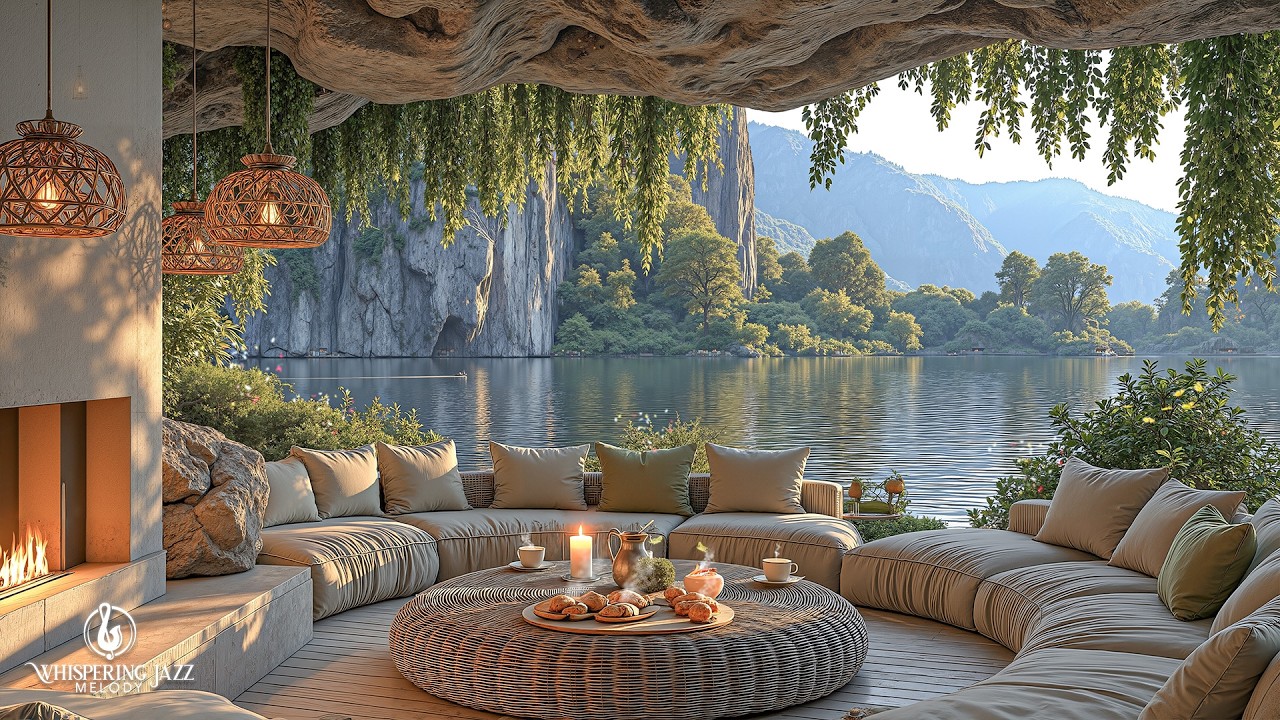 Relaxing Day In Lakeside Cafe | Elegant Jazz In Peaceful Ambience With Nature Sound For Good Mood