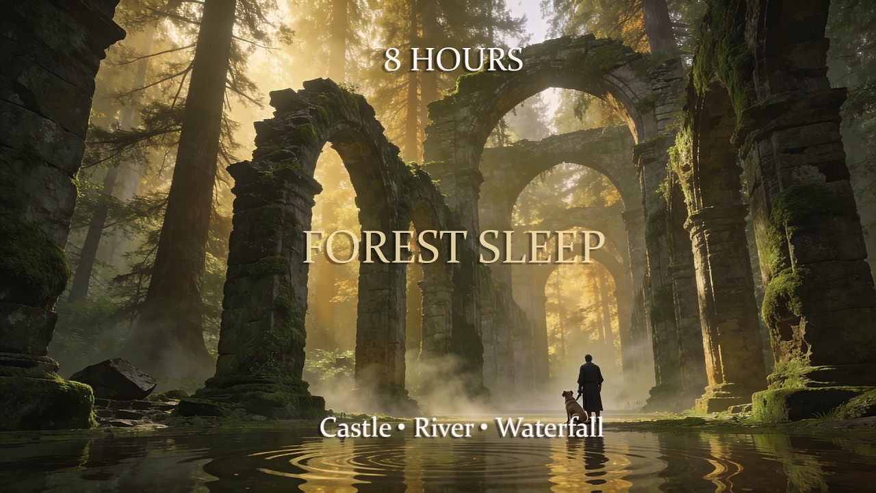 8 Hours Forest Castle, River & Waterfall | Ambient Music for Deep Sleep
