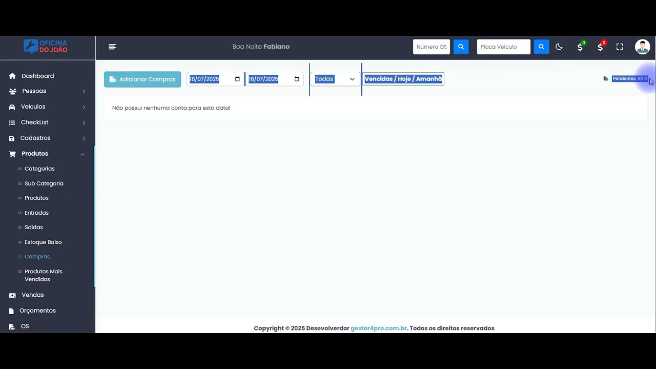 Adicionar compras feita de produtos e equipamento