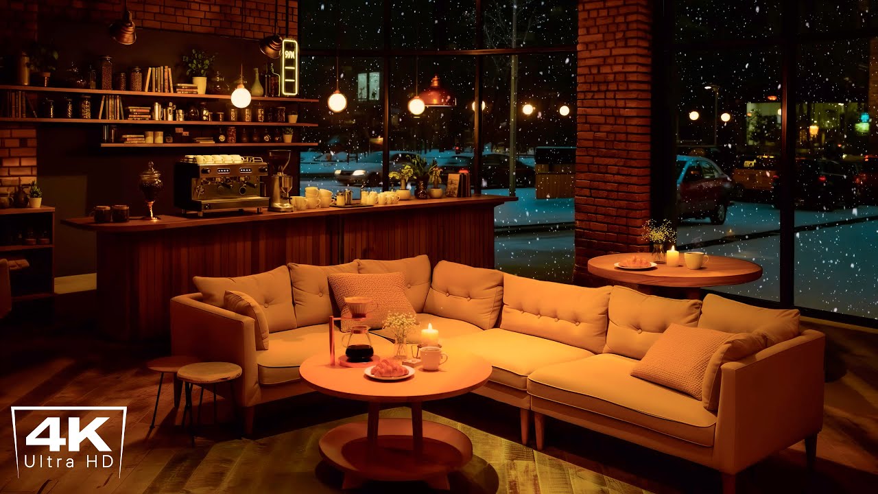 [4K] Cozy Winter Jazz at Coffee Shop Ambience ❄ Relaxing Jazz Music & Snowfall for Stress Relief