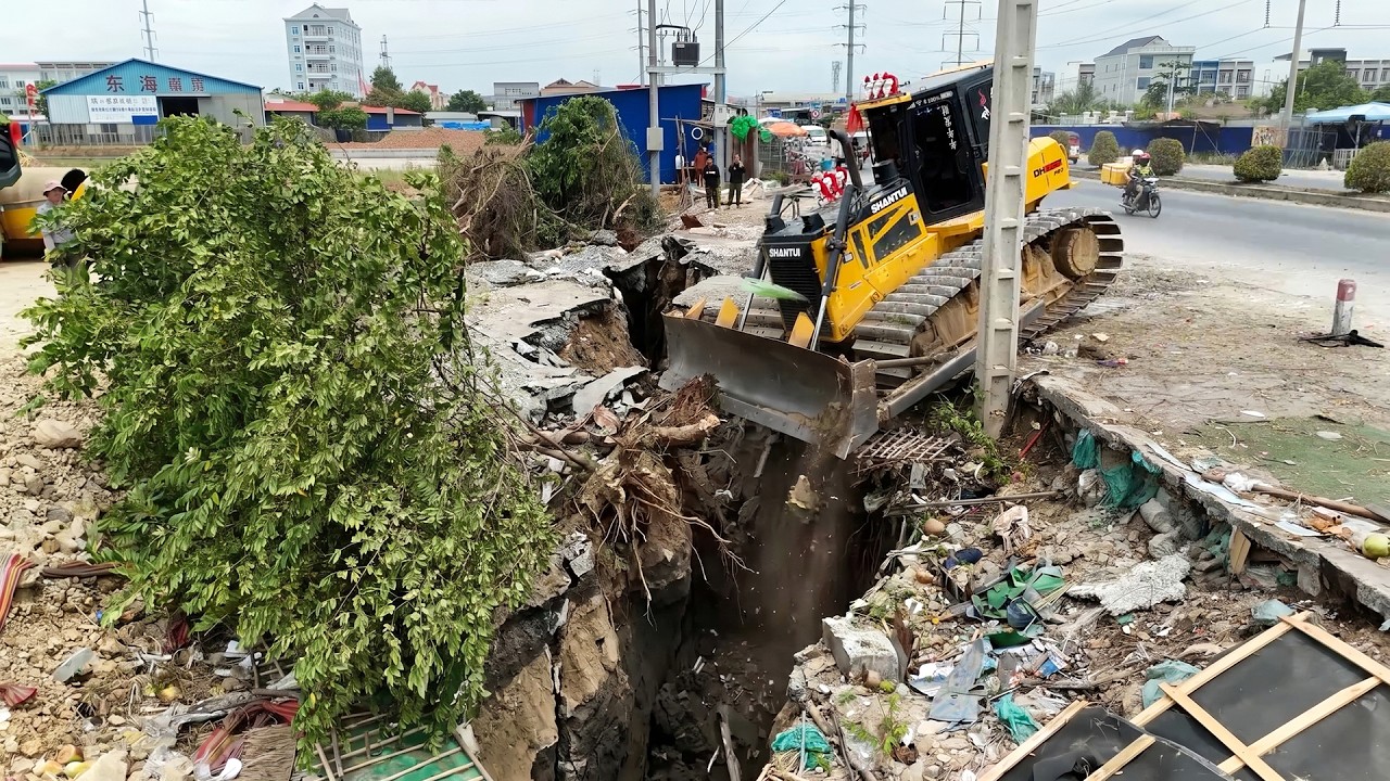 Amazing Heavy Dozer working push soil and tree with Dump Trucks unloading soil into sink land