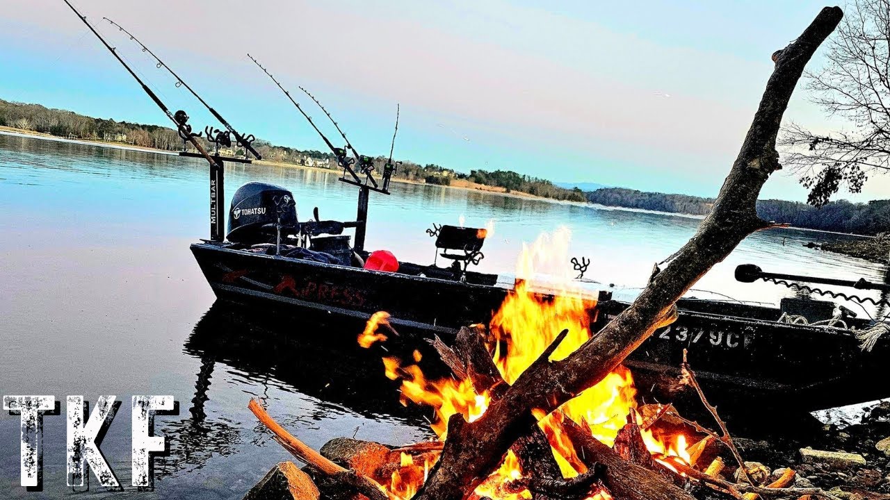 Winter Bank Fishing For Catfish By The Fire