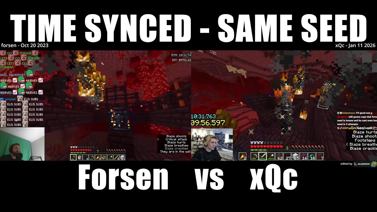 Time Synced xQc vs Forsen Same Seed Minecraft Speedrun