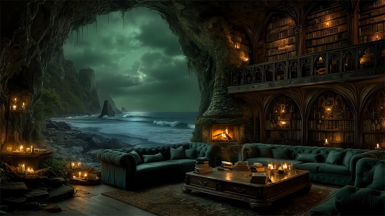 Gothic Cave Library on the Coast | Cozy Fireplace Ambience | Dark Academia Music with Rain