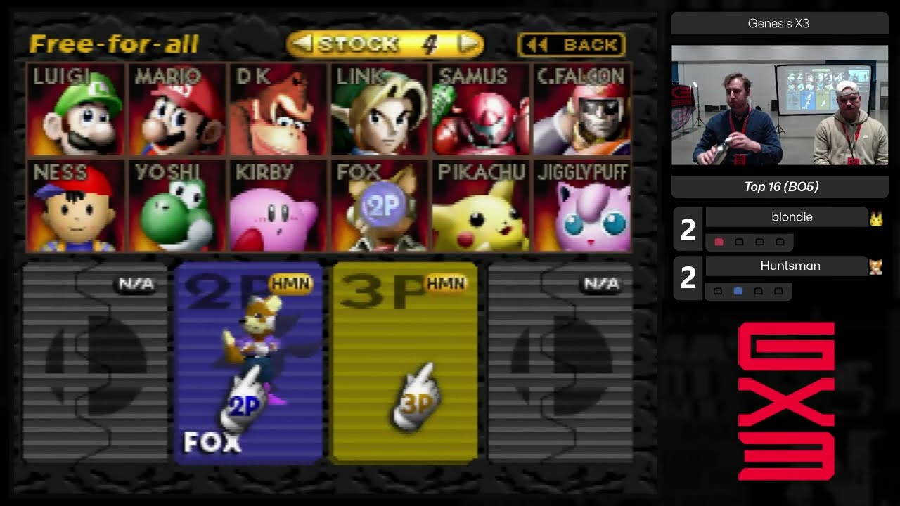 Genesis X3 Top 16 WR1 Huntsman (Fox) vs blondie (Pikachu) Smash 64 SSB64