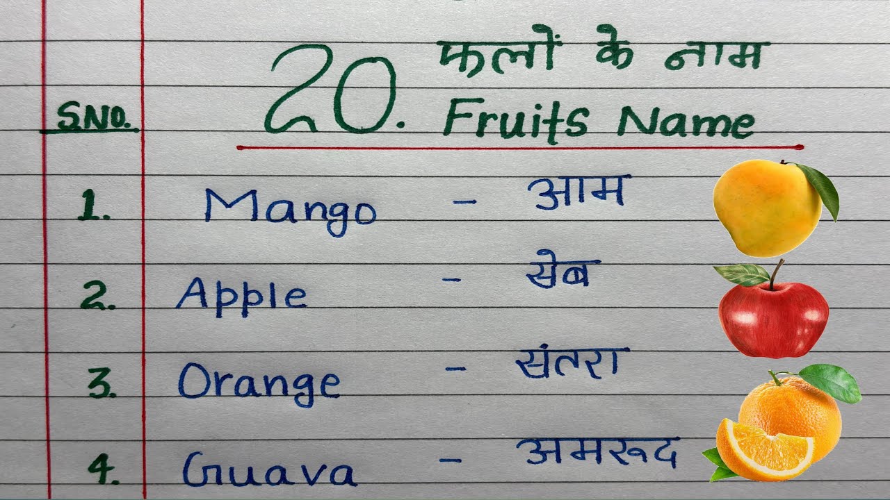 20 फलों के नाम | 20 Fruits Name | 20 फलों के नाम हिन्दी और अंग्रेज़ी में | Fruits Name For Kids