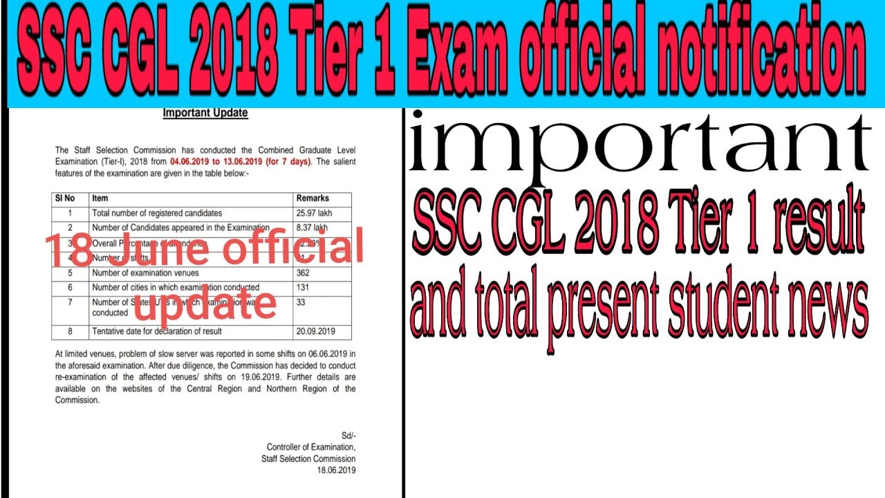 SSC CGL 2018 Tier 1 Exam official notification, 18 June official update