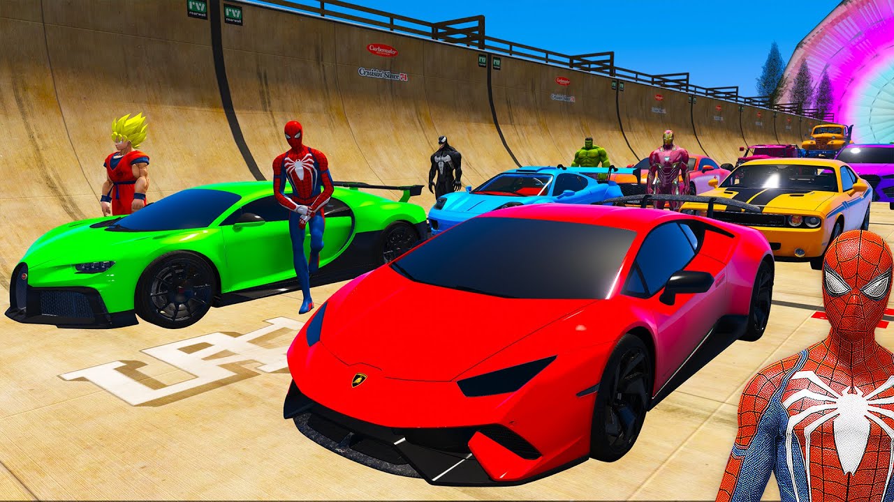 SPIDERMAN Epic Mega OCEAN RAMP Challenge for Cars Monster Trucks! Superhero Hulk Venom Goku – GTA 5