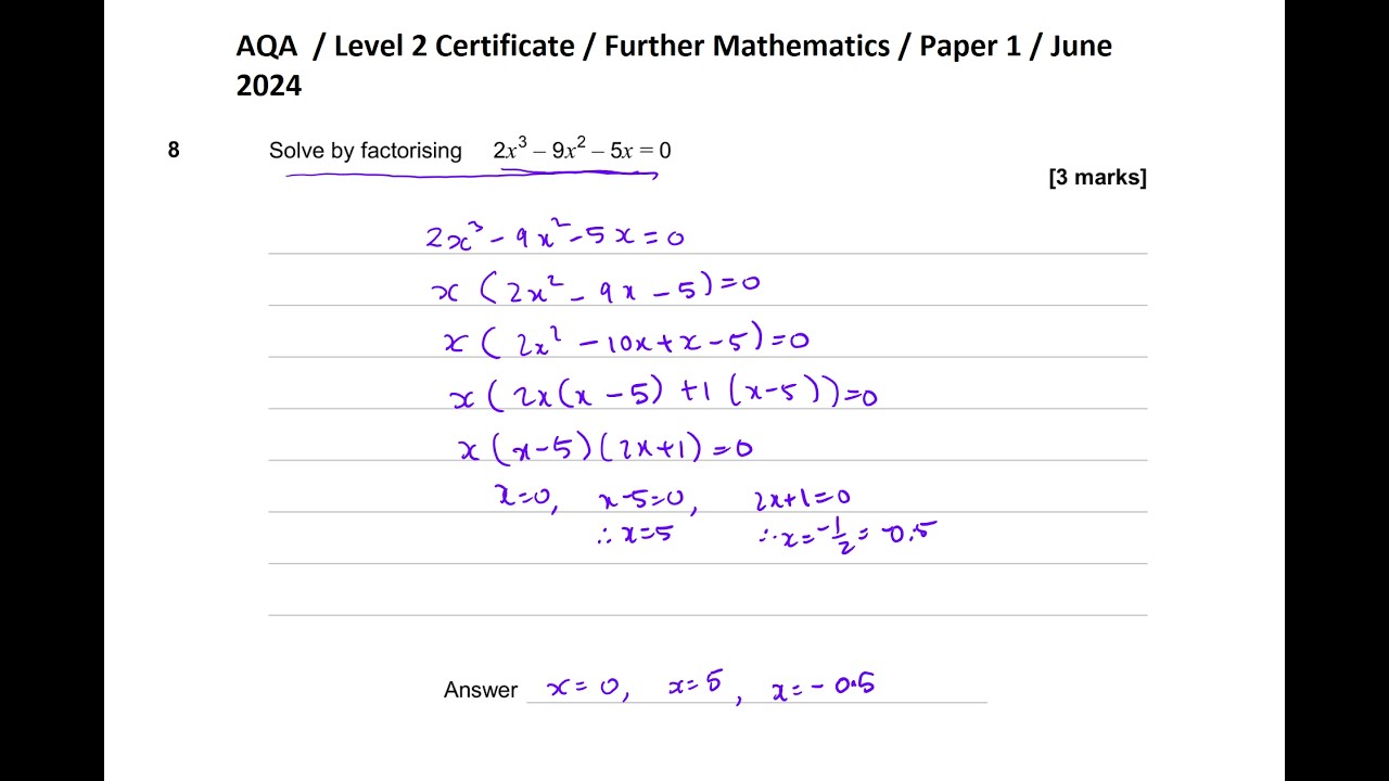 AQA  / Level 2 Certificate / Further Mathematics / Paper 1 / June 2024 / Solve by Factorising