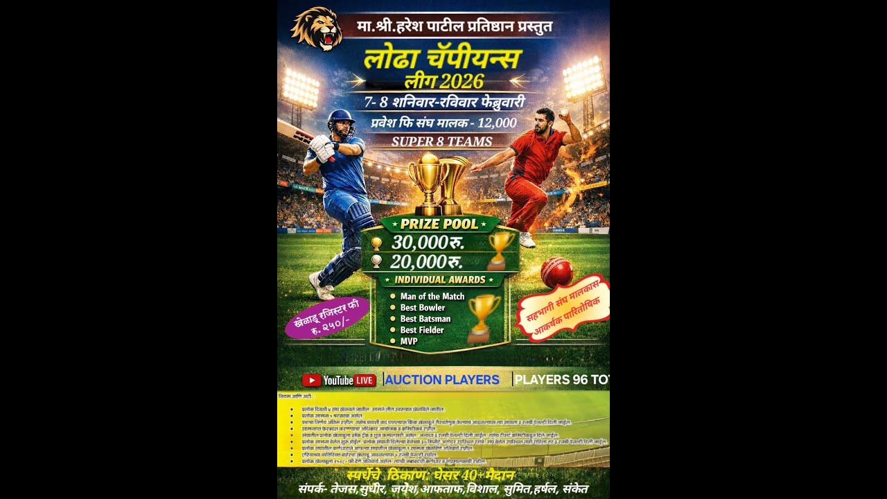 || मा.श्री.हरेश दादा पाटील फाउंडेशन , प्रस्तुत ||  लोढा चॅम्पियन लीग 2026 ||