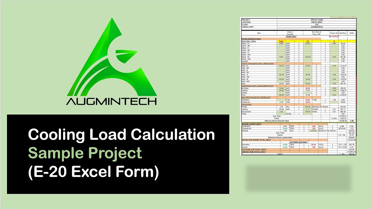 Cooling Load Calculation EXCEL FORM | Load Calculation in HVAC