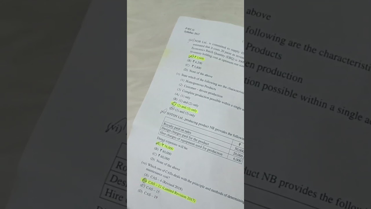 Cost accounting cma inter december 24 MCQ answer #cma #cmainter