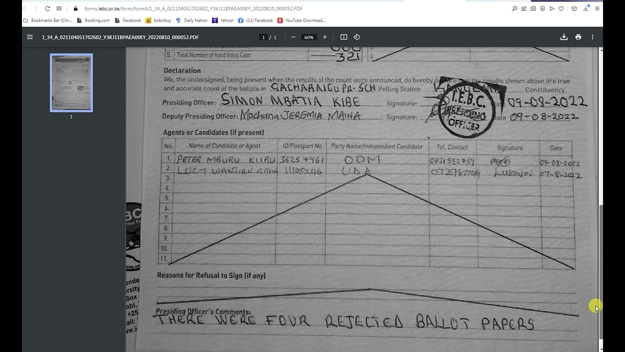 Bombshel!! Muranga Four Polling Stations Having Same Results! Chebukati Must Be Jailed