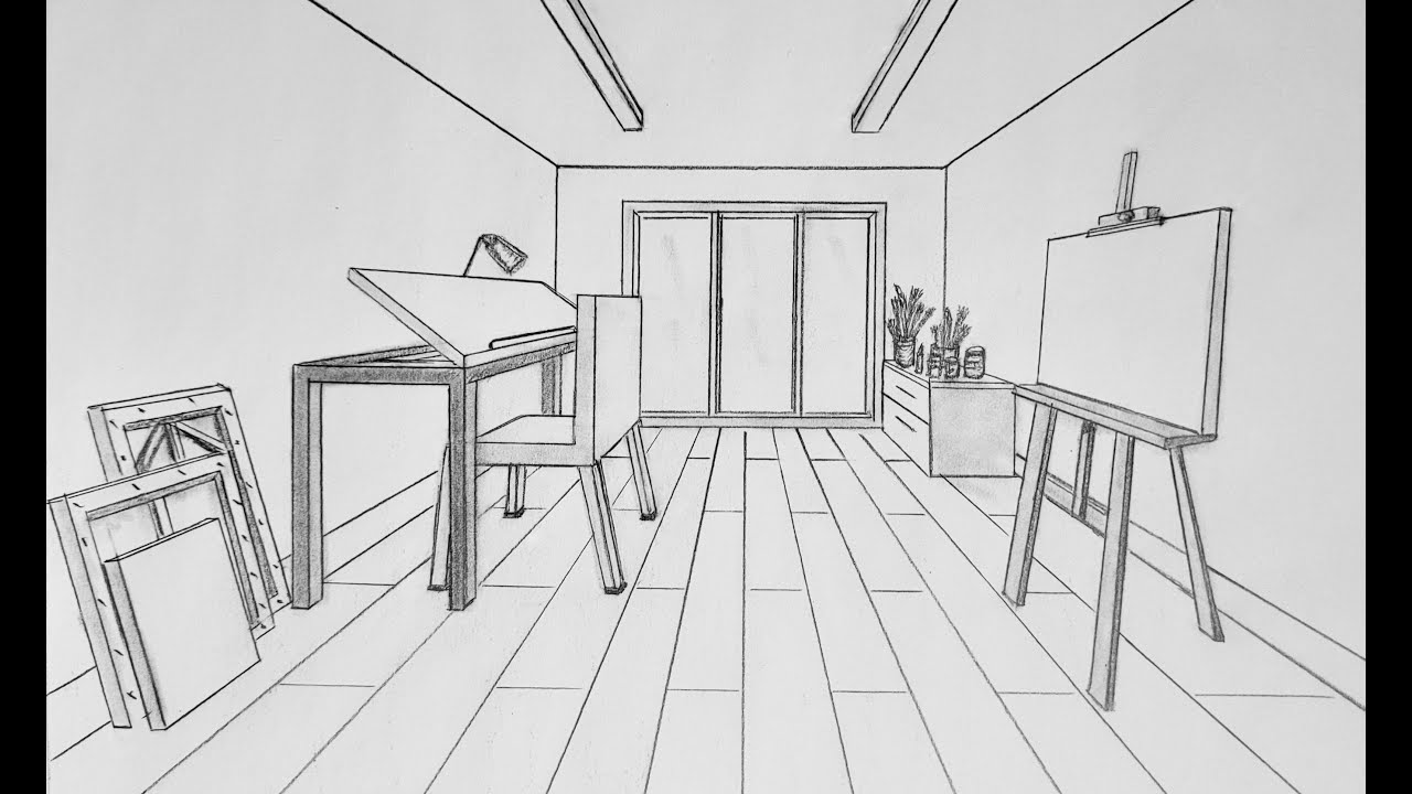 How to draw a room in one point perspective, art studio