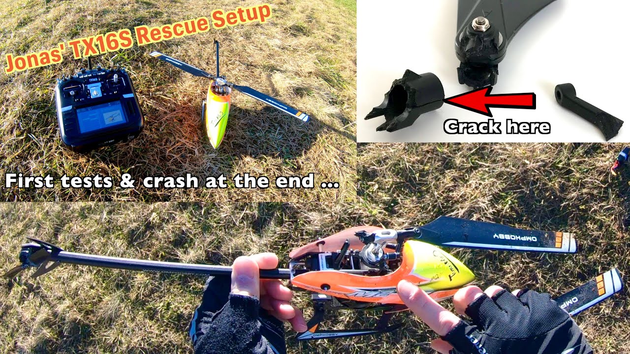 Jonas' TX16S Rescue Setup for OMPHobby M2 - TEST & Crash - Plastic Blade Grip Fail?