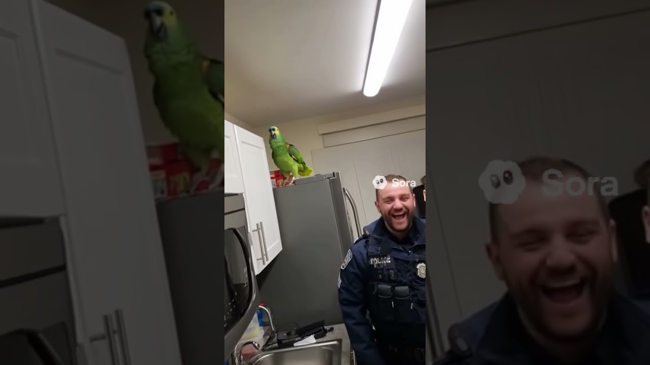 Bodycam d&rsquo;un policier entrant dans une cuisine. Un perroquet sur le frigo hurle