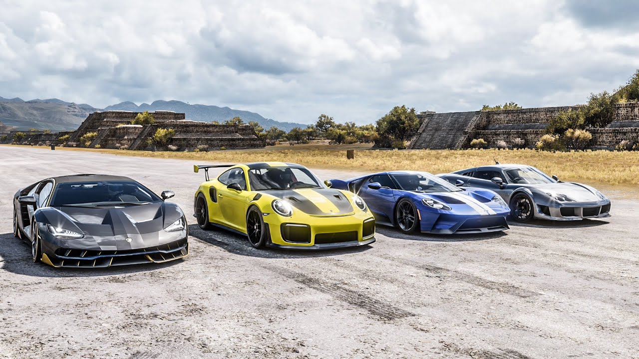 Forza Horizon 5 Drag race: Noble M600 vs Lamborghini Centenario vs Porsche 911 GT2 RS vs Ford GT '17