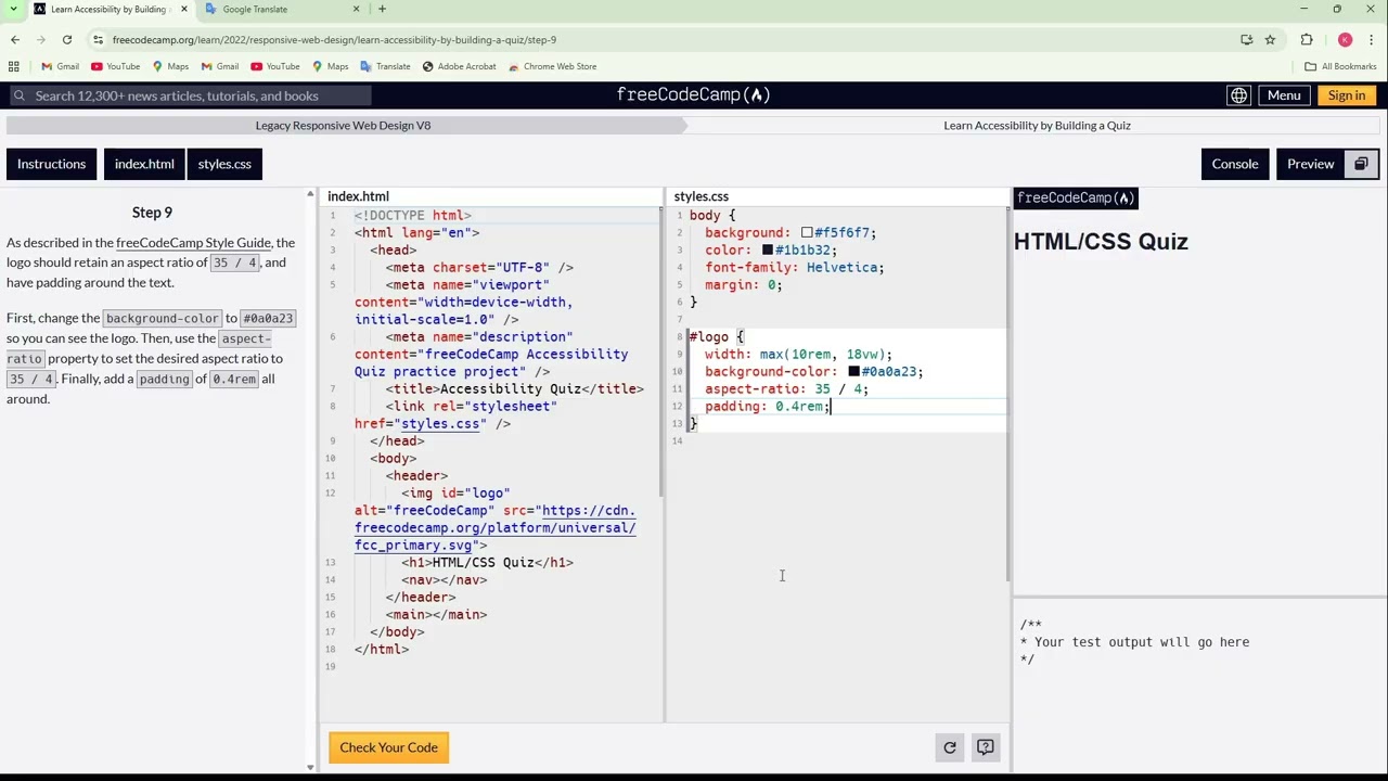 الحلقة 1  CSS Accessibility Quiz freeCodeCamp  تبسيط دروس الموقع المجاني للمبتدئين