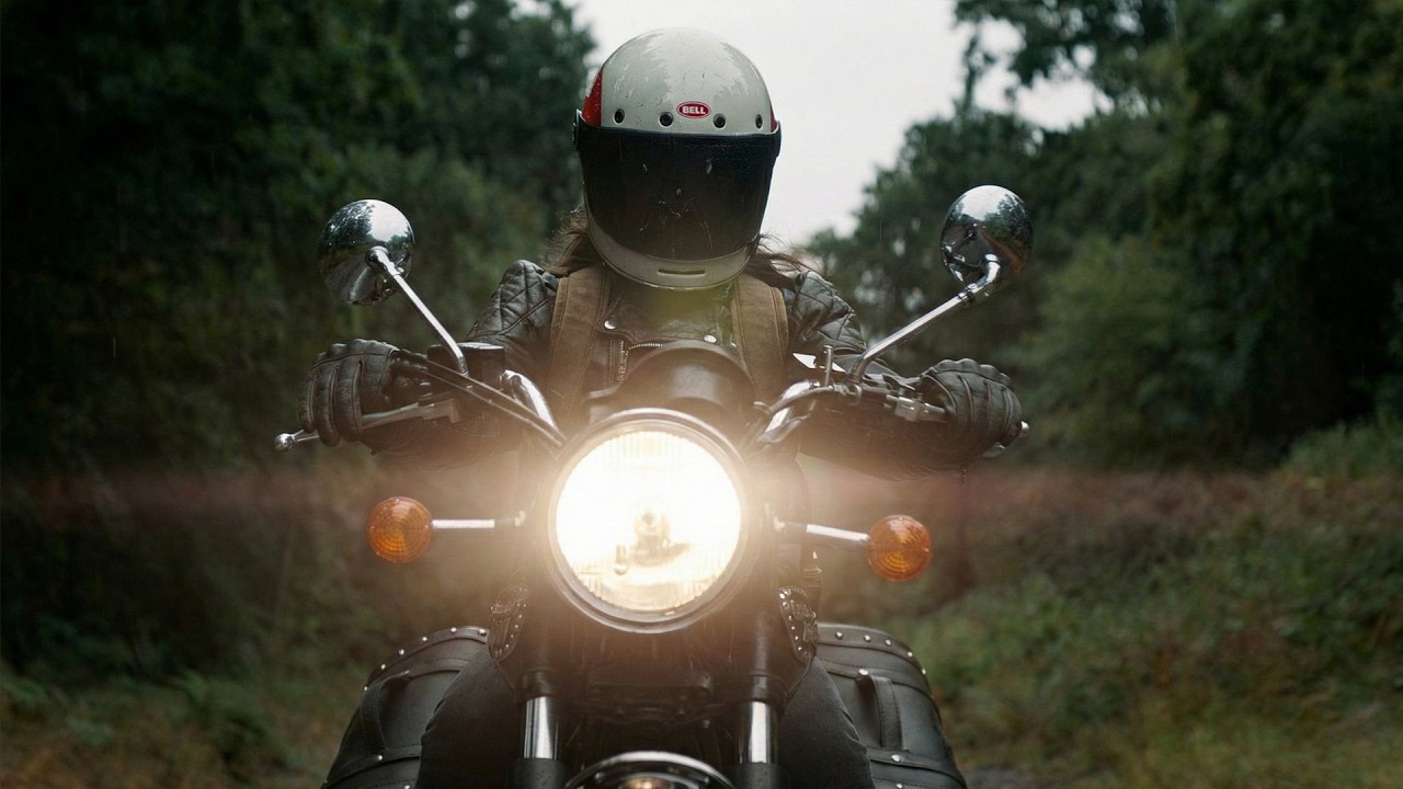 Actress Bridget Christie in Motorcycle Gear