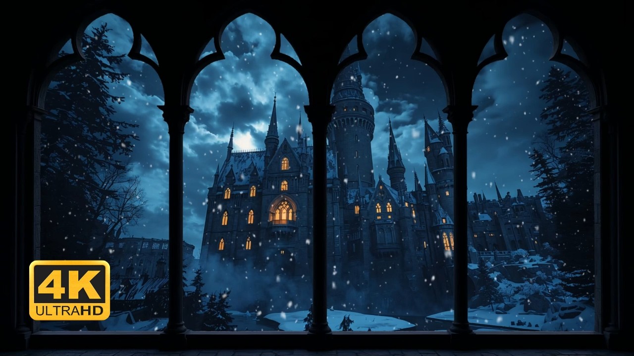 🌨️ Winter Fantasy Castle – Snow and Wind Window Ambience 4K