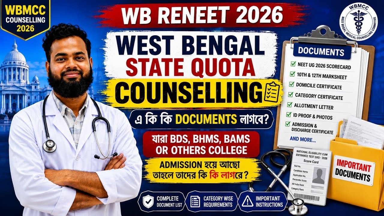 DOCUMENTS REQUIRED DURING COUNSELLING FOR NEET 2026 WB state Quata. 