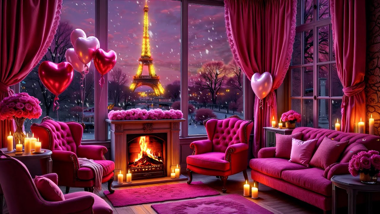 Paris Valentine Cozy Room 🌹 Pink Night Ambience with Soft Piano to Relax, Heal & Sleep Deeply 🎹🌙