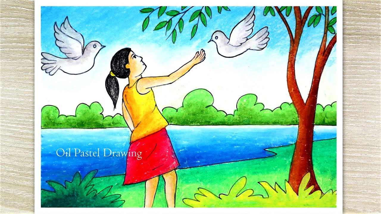 A girl with bird drawing, Oil Pastel Drawing for Beginners