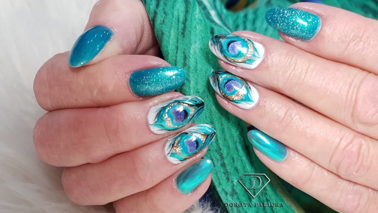 Salon nails. Peacock gel polish nail art.