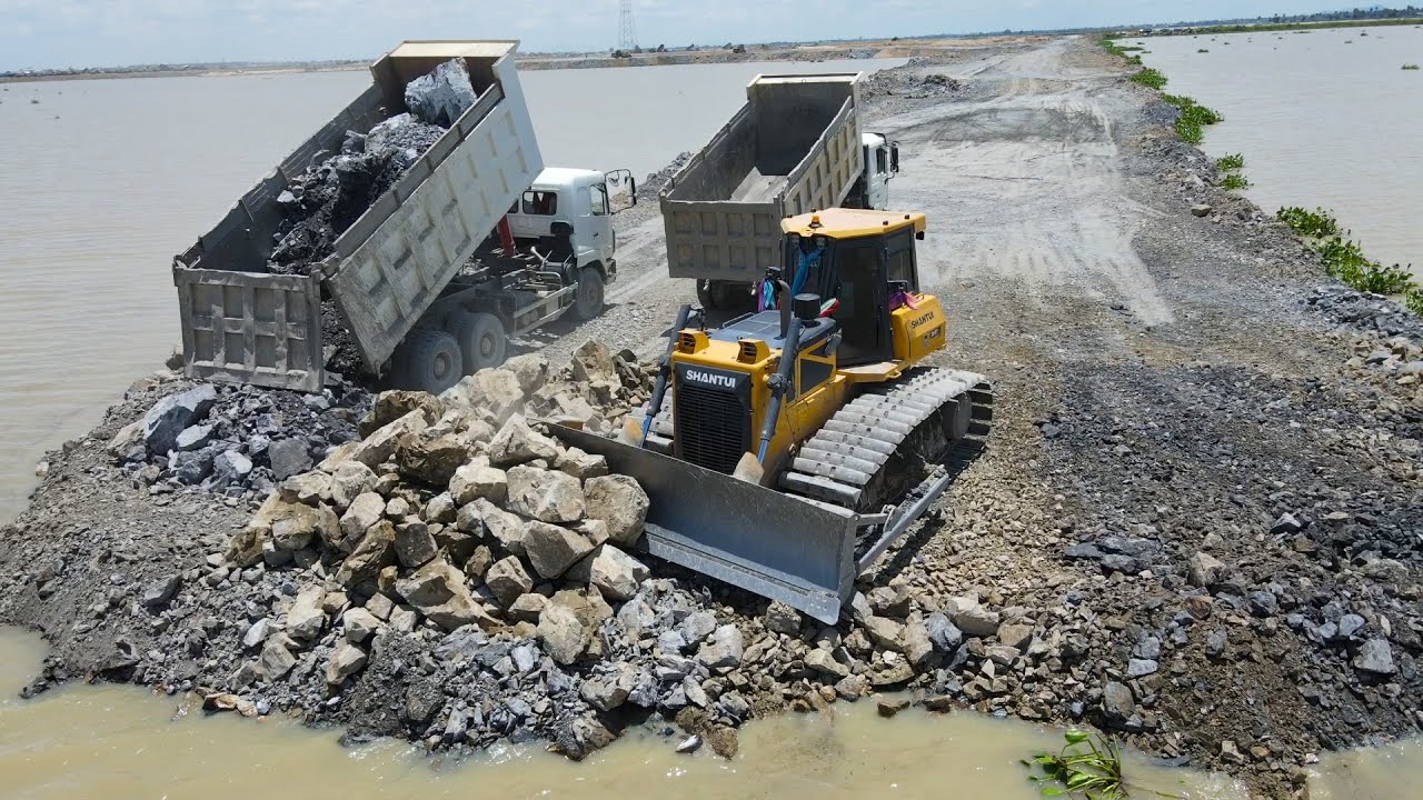 Nice Incredible Build New Road on Water, Bulldozer Push Big Stone ,SHACMAN Truck Unloading Big Stone