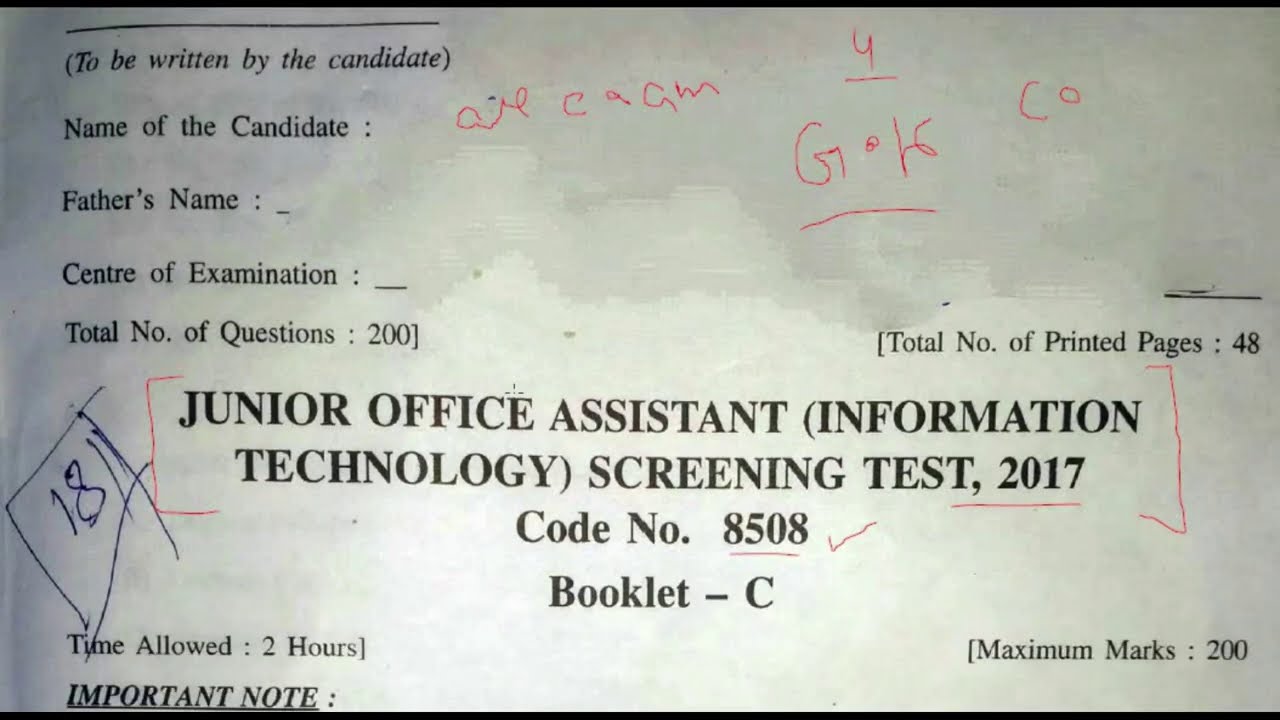 Junior Office Assistant  PREVIOUS YEAR PAPER
