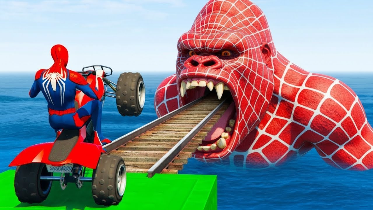 سبايدر مان اصعب دراجة نارية فوق اسماك القرش - Superheroes Ride on Motorcycle Stunt Funny Moments??