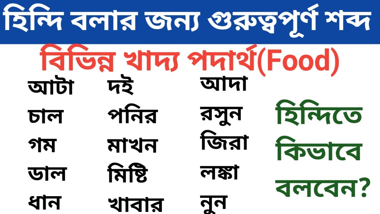 Learn the Hindi meaning of some foods.Foods name in hindi. learn Hindi foods name from bangla.