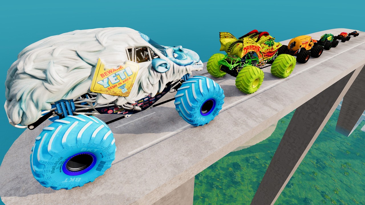 Big & Small Monster Truck Racing Jumps Challenge Vs Giant and Mega Ramp BeamNG