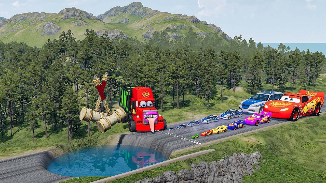 Big & Small McQueen & Police Car vs Zombie Mack,Giant Water Pit & Hammer Downhill Race –BeamNG.drive