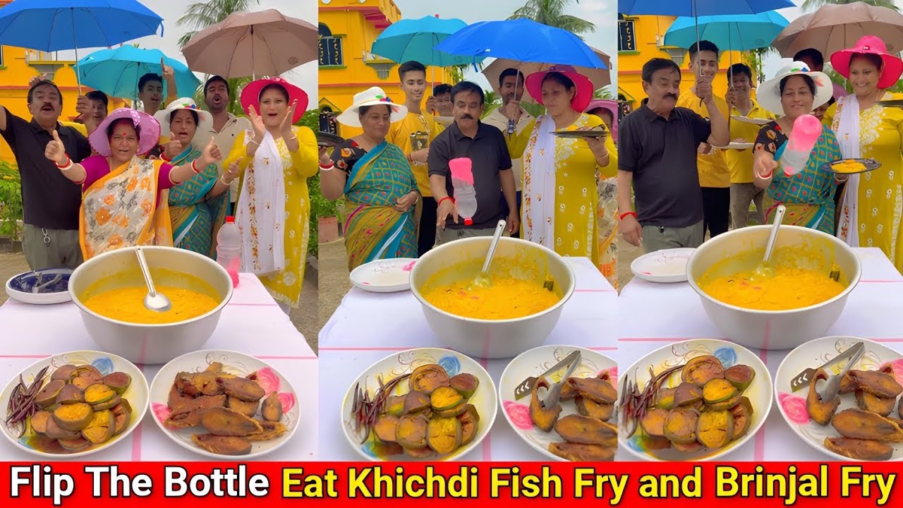 Flip The Bottle Eat Khichdi Fish Fry and Brinjal Fry 🤔| Food Funny Challenge 😛/ SK Challenge Video