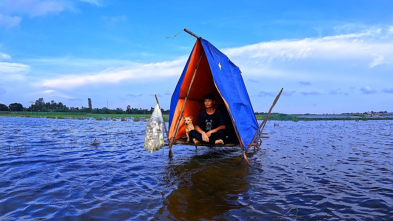 One man, one tent, one dog camping on a flooded field catching fish and cooking 