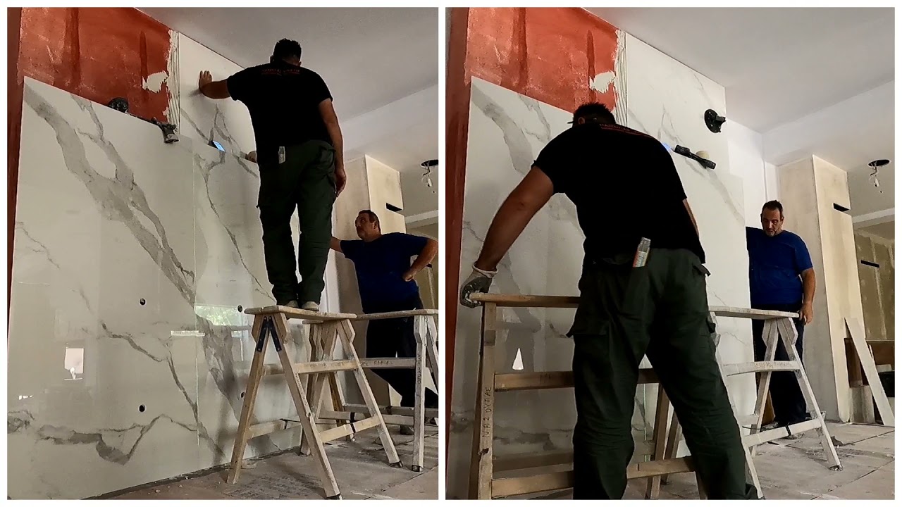 Τοποθέτηση μεγάλων πλακιδίων διαστάσεων 3.20 επί 1.60 σε τζάκι.