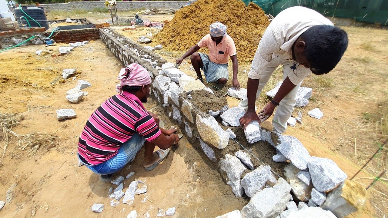 Masonry Stone Wall Basement build on Compound Wall_Techniques of Foundation wall with Natural Stone