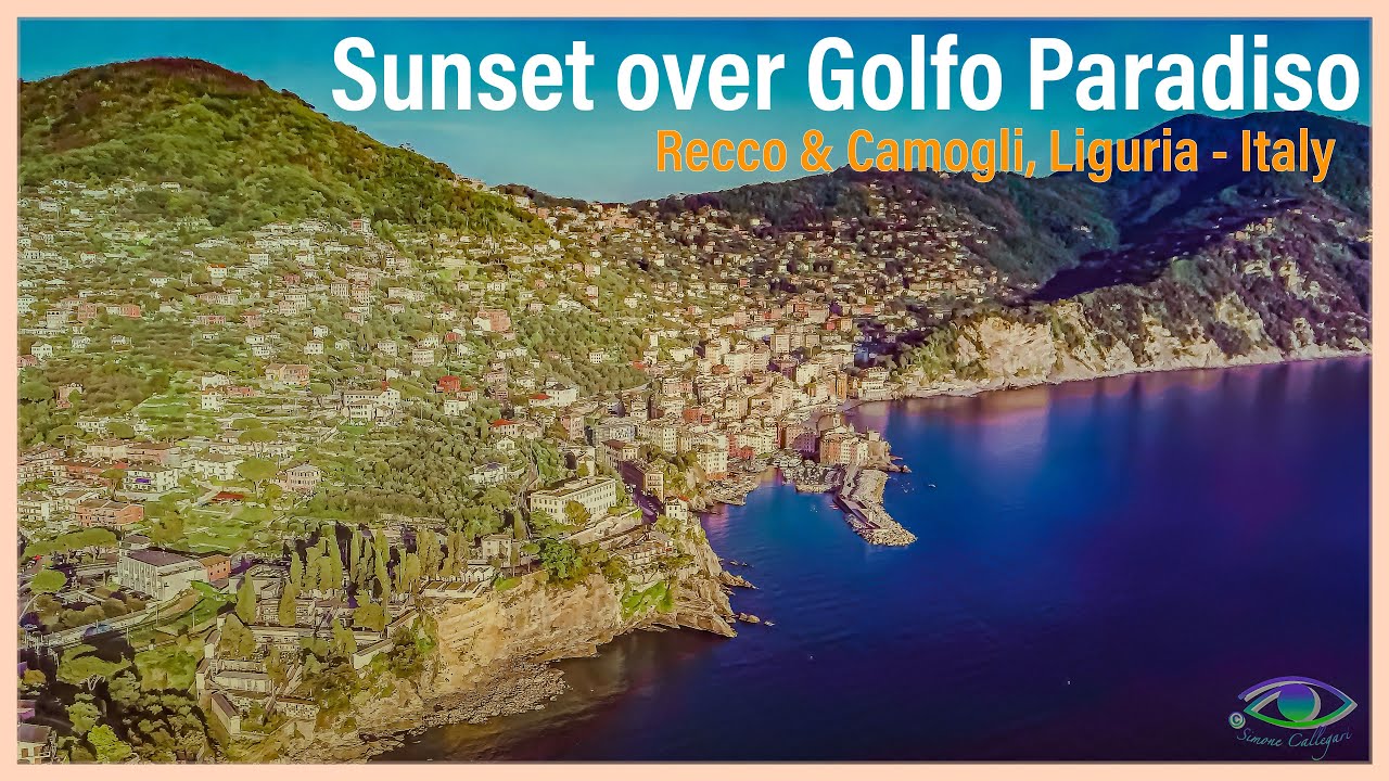 Sunset over Recco and Camogli - Golfo Paradiso, Liguria (Italy) - Drone Cinematic