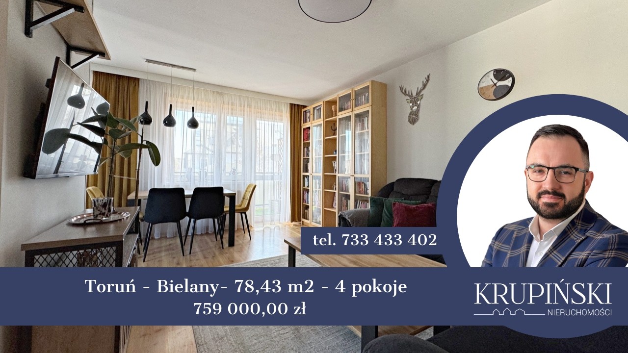 Toruń, Bielany, Fałata, 78,43 m2 (ok. 87 m2 po podłodze), 4 pokoje, III i IV piętro, dwupoziomowe