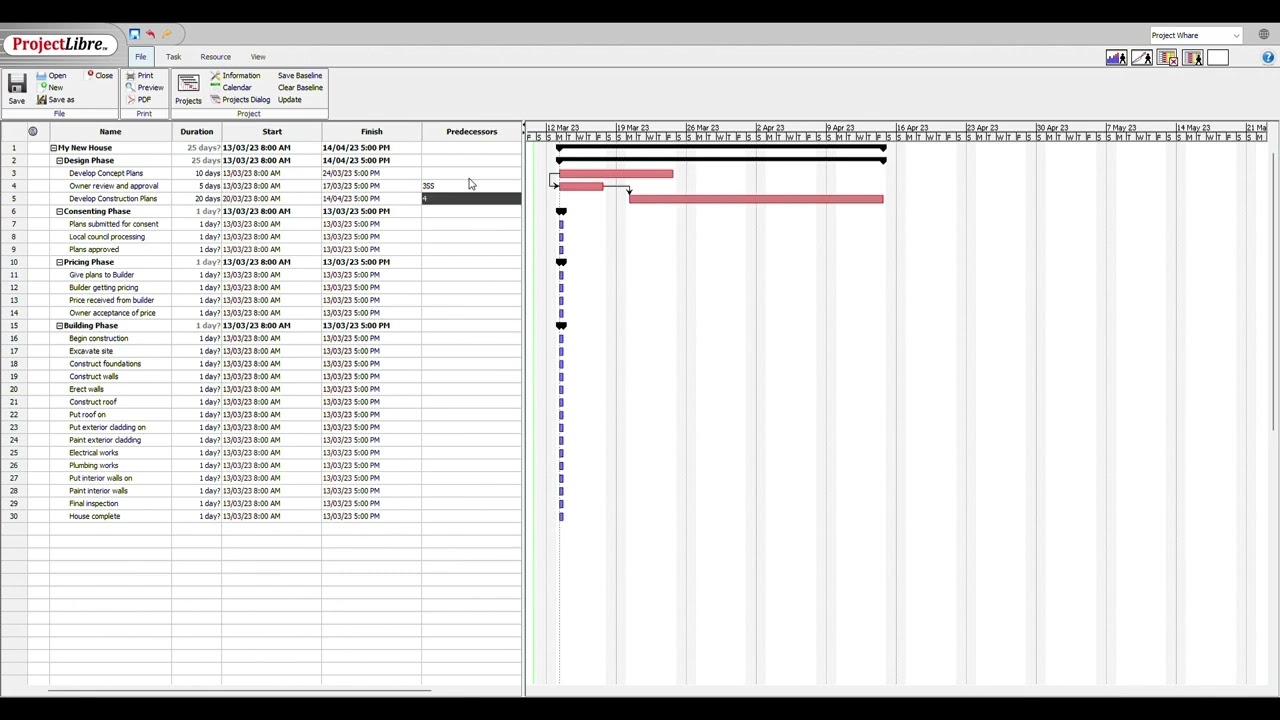 Building a Gantt chart with ProjectLibre