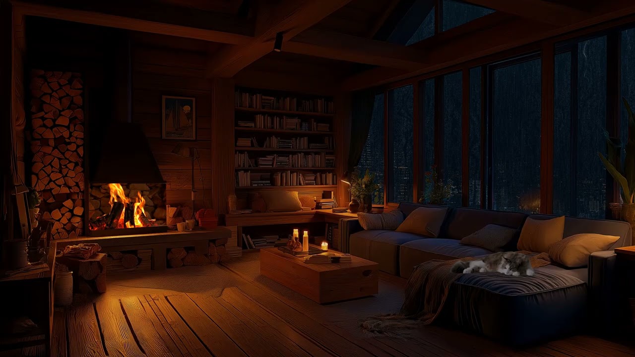 🌧️ Cozy Living Room Night | Rain Sounds & Crackling Fireplace with Sleeping Pets