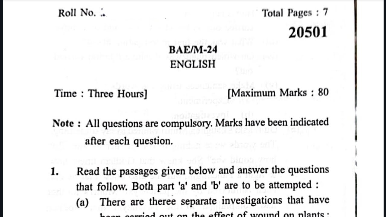 BA 1st Year English Question Paper KUK June 2024