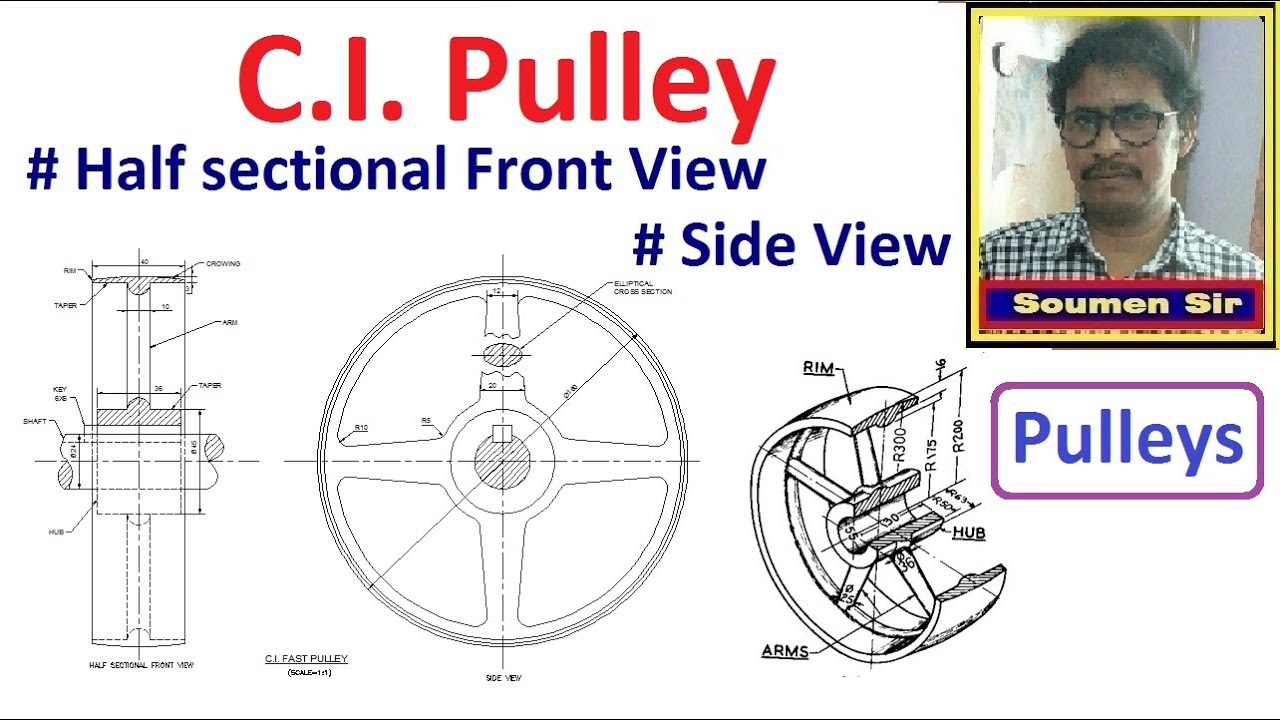 Pulley - Half Sectional Front View and Side View of a CI Pulley - Machine Drawing
