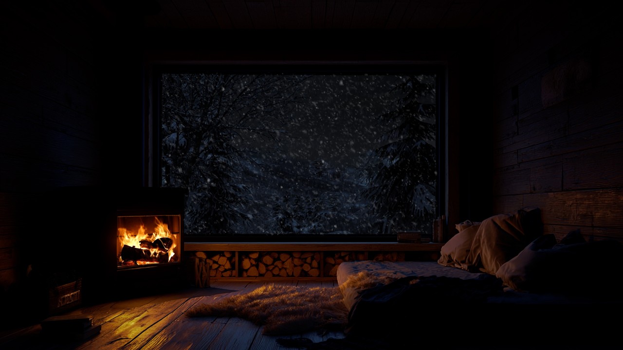 Crackling Fireplace & Soft Snowfall | Cozy Winter Cabin Ambience for Sleep, Study & Stress Relief
