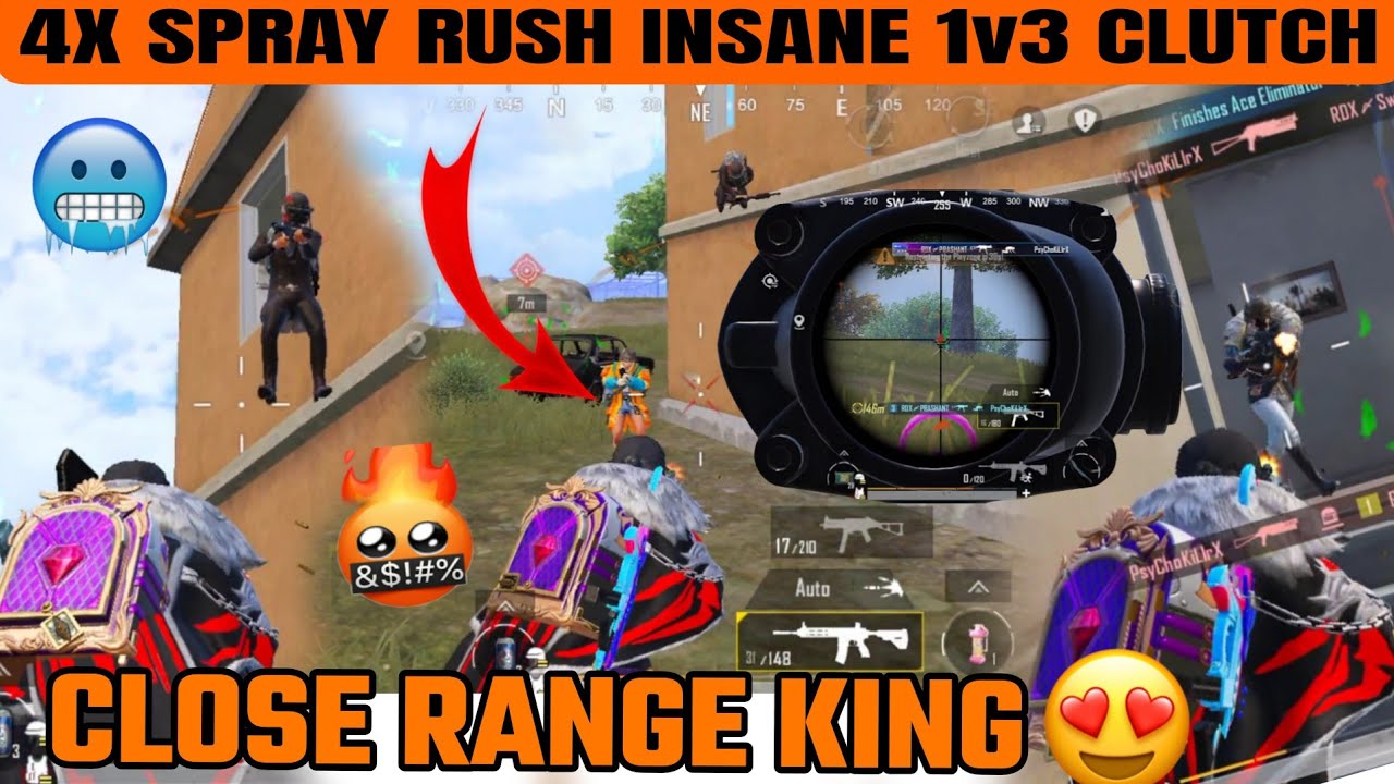 4X SPRAY RUSH 😈 INSANE 1v3 CLOSE RANGE CLUTCH | BGMI Gameplay