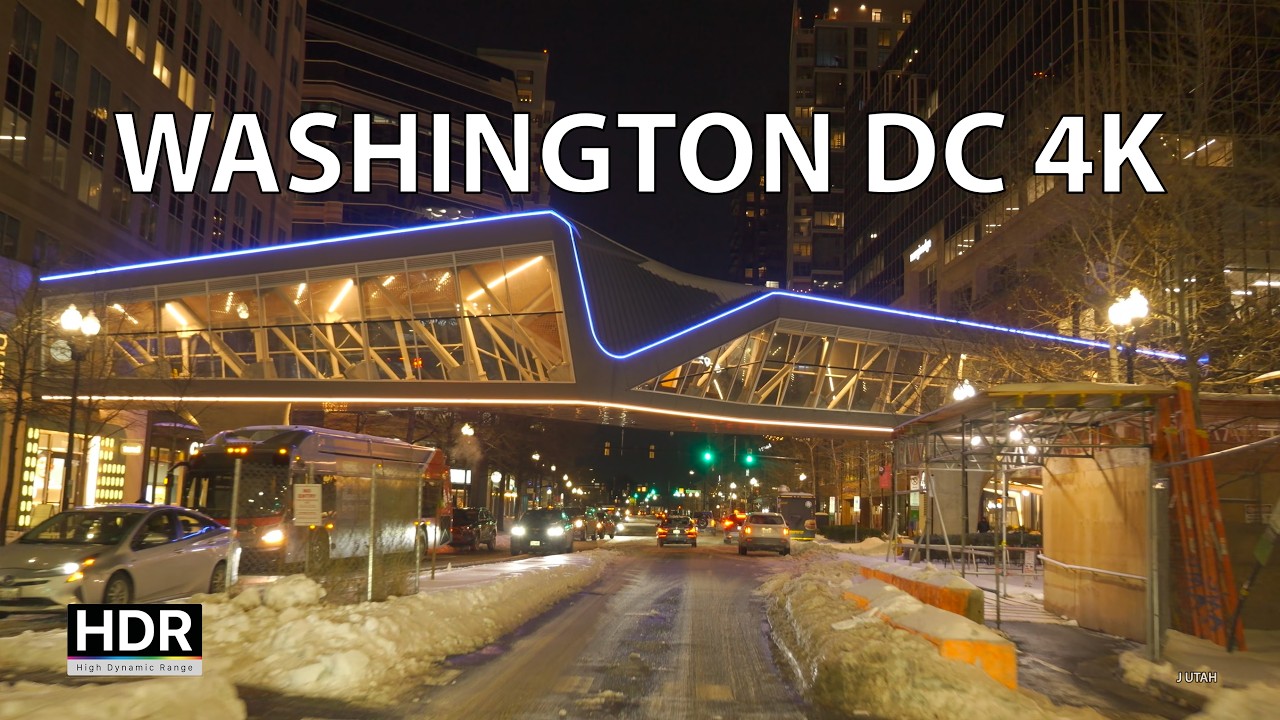 Snowy DC Night Drive - Driving Downtown - USA