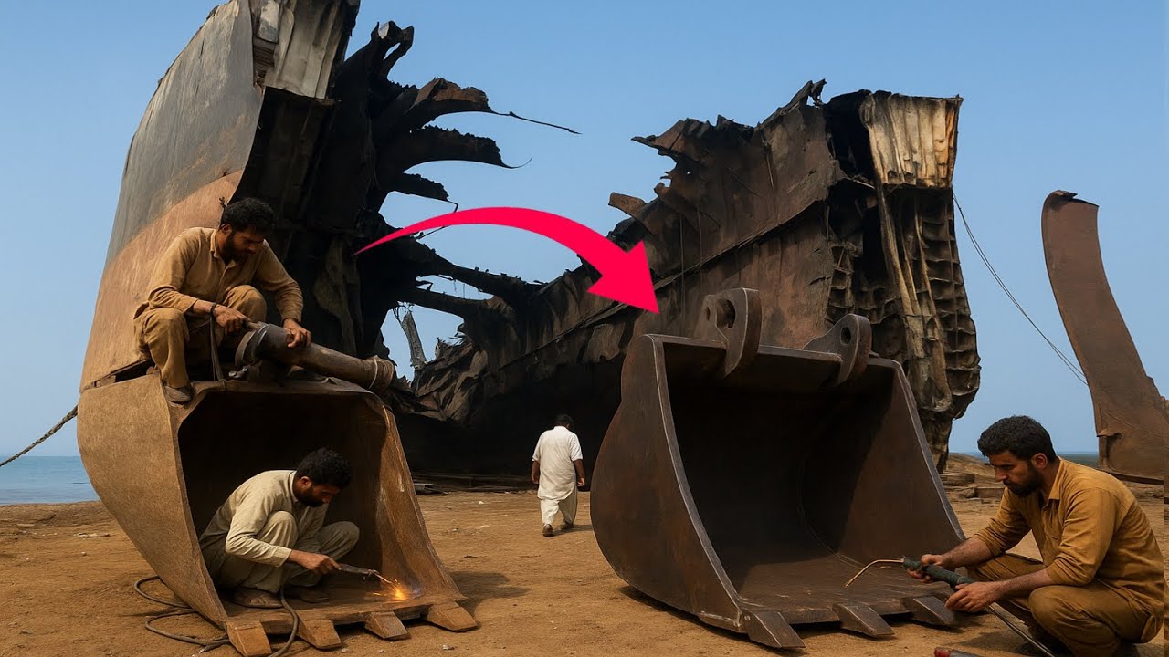We Cut a Huge Ship and Make an a Excavator Bucket From its Scrap .