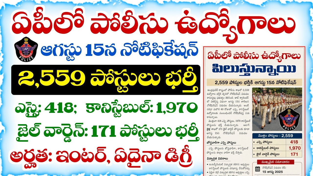Notification for 2,559 Job Vacancies in AP Police Department Next Month | AP SI Constable Notific...